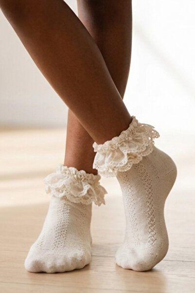 Katia&Bony Κοριτσίστικες κάλτσες με δαντέλα και βολάν, εκρού