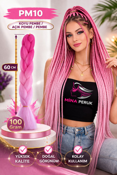 Mina Peruk Afrika Örgülük Ombreli Sentetik Saç 100 Gr. - Koyu Pembe / Açık Pe...