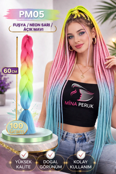 Mina Peruk Afrika Örgülük Ombreli Sentetik Saç 100 Gr. - Fuşya / Neon Sarı / ...