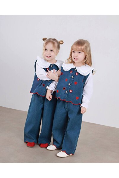 Sweet Luna Kız Çocuk Kalp Nakışlı 3'lü Kot Takım