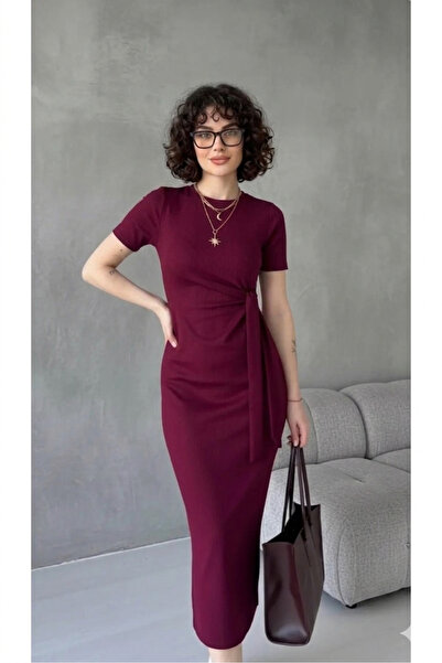 MODAF Γυναικείο φόρεμα μπορντό με δέσιμο στο πλάι