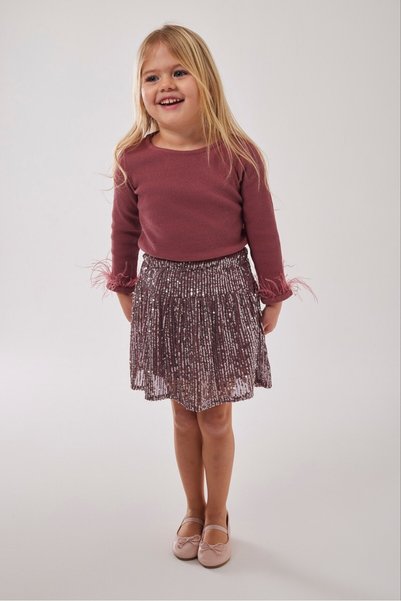 Sweet Luna Sequin Skirt and Sleeve Feather Detailed Set