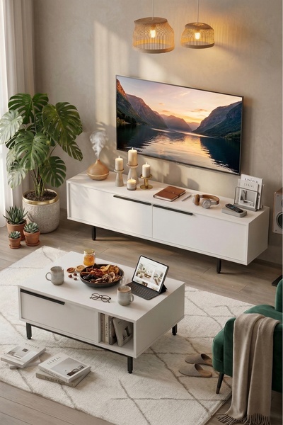 Yurudesign Ocean Tv Ünitesi Orta Sehpa 2'li Set Beyaz On19-w
