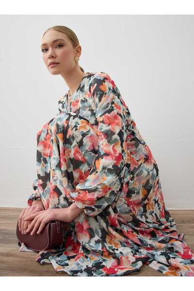 Refka Rochie lungă hijab cu mâneci cu balon cu modele florale - Negru -