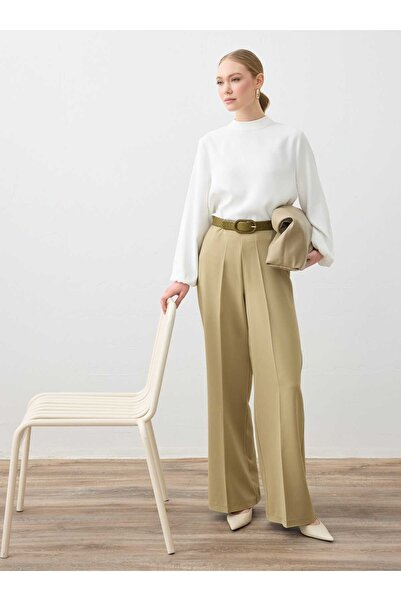 Refka Palazzo Kalıp Yandan Fermuarlı Klasik Pantolon - Açık Haki -