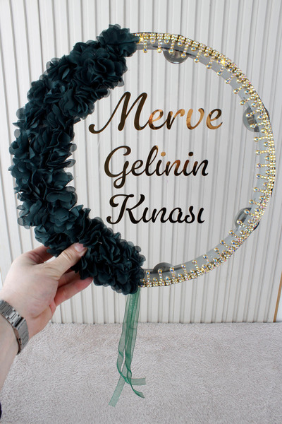 Mortex Yeşil LED'li Şeffaf Gelin Tefi 32 cm 3D Çiçekli Taşlı Nedime Bride Kın...