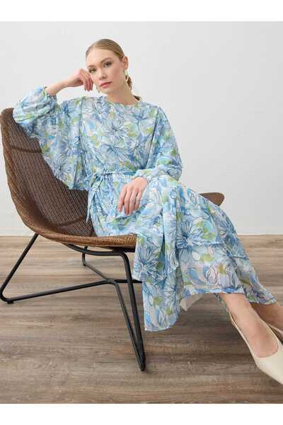 Refka Φόρεμα Hijab σιφόν με λουλουδάτο σχέδιο με λεπτομέρεια βολάν - Μπλε - R...