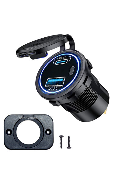 SomayStore Marine Pano Tip ikili USB 3.0 + Type C Soketi Butonlu Hızlı Şarj 1...