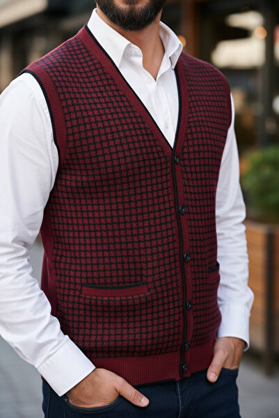 Men's Burgundy Anti Pilling Fabric Standard Fit Pocket Winter Houndstooth Knitwear Vest