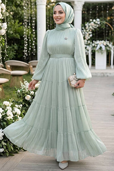 N.S NEVA STYLE - Βραδινό φόρεμα με πλισέ μέντα Hijab 52981MINT