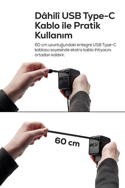 Xenon Smart Hızlı Şarj Adaptörü | 70W, GaN, USB-C & USB-A, Dahili Type-C Kablo, PD PPS, Dijital Ekran (X6413)