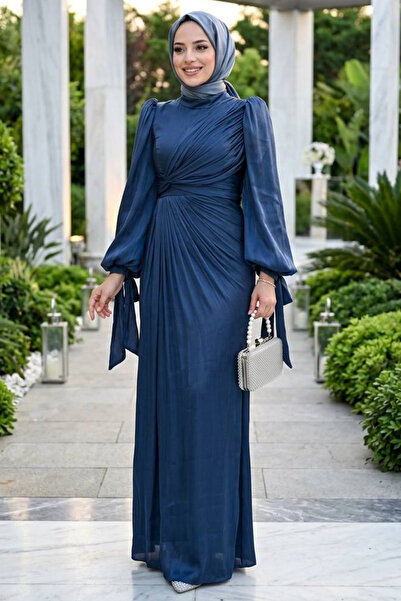 N.S NEVA STYLE Βραδινό φόρεμα Hijab Navy Blue με λεπτομέρεια ντραπέ 52285L