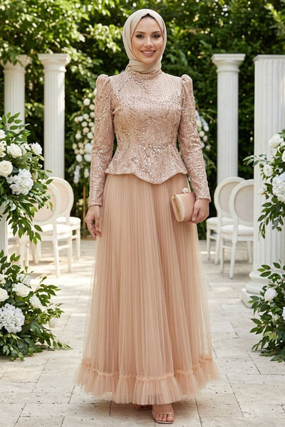 N.S NEVA STYLE Boncuk İşlemeli Bej Tesettür Abiye Elbise 55041BEJ