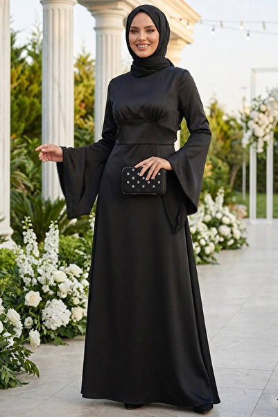 N.S NEVA STYLE Ισπανικό Κολ Μαύρο Σατέν Βραδινό Φόρεμα 6258S