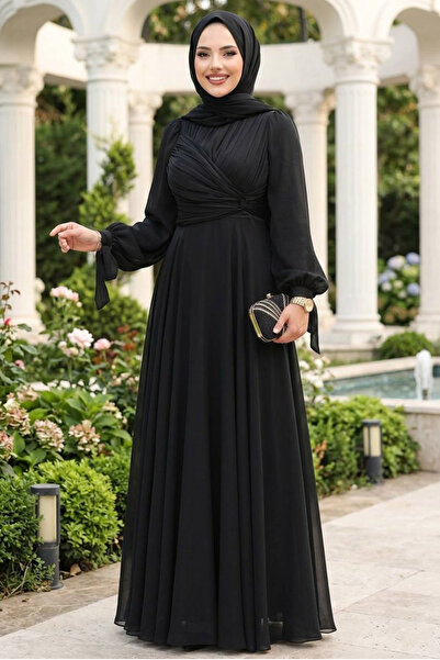 N.S NEVA STYLE فستان سهرة حجاب أسود بتفاصيل ثنية 4823S
