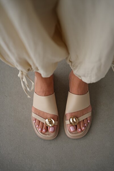 selin shoes Zenira Flat Sole Flip Flops with Gold Accessory Detail for Women ...