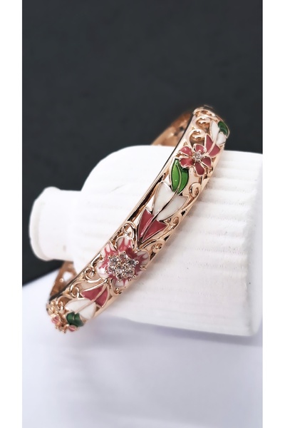 Serenity Leaf Flower Embroidered Satin Enameled Brass Plated Zamak Bracelet