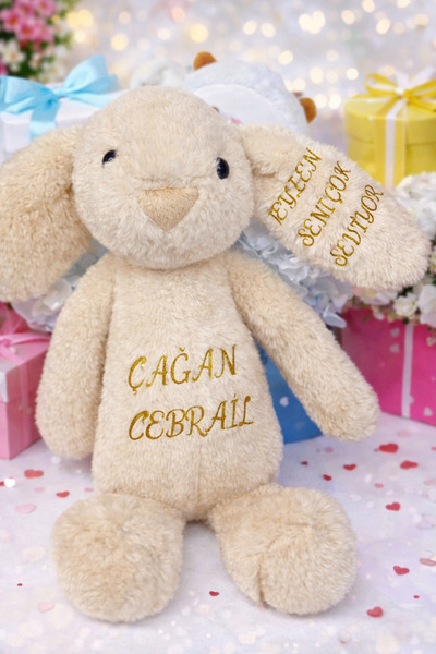 TİNYKEEPS Kişiye Özel İsim Baskılı Peluş Tavşan-Bebek Hediyesi-Yenidoğan