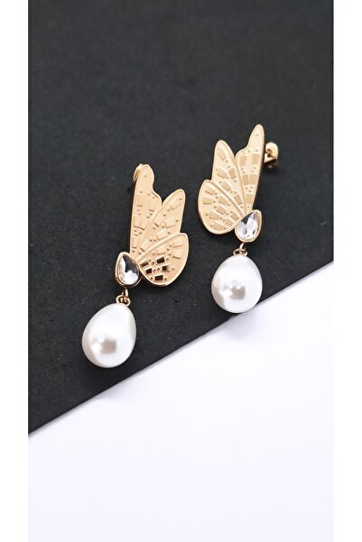 Serenity Gold Steel Earrings with Wing Figure and Pearl