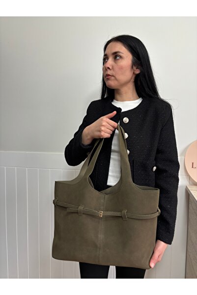 Women's Khaki Lilac Model Baby Belt Detailed Suede Shoulder Bag