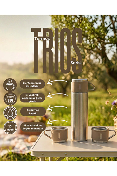 Oxlade 3 Bardaklı Paslanmaz Çelik Termos Seti 500ml / Kahverengi