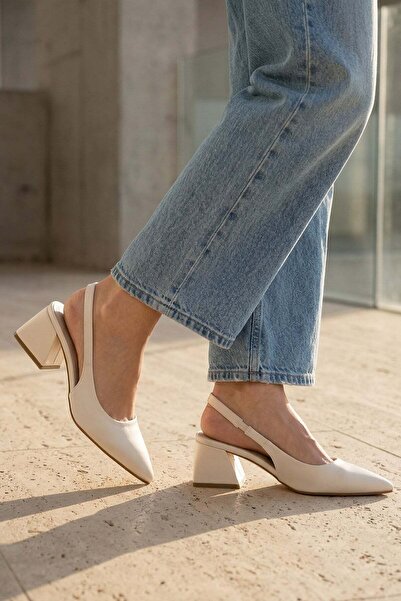 Modezya Γυναικεία παπούτσια με χοντρό τακούνι Amelia Beige Satin με ελαστικό ...