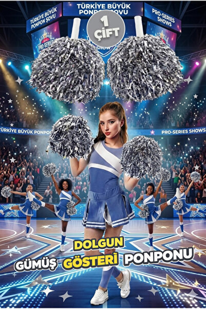 StoreYVZ Ponpon Gösteri Ponponları Ekstra Dolgun 1 Çift ( 2 Adet ) Gümüş Renk...