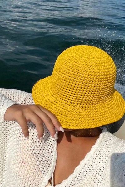 keisy Χειροποίητο πλεκτό ψάθινο καπέλο bucket premium (κίτρινο)