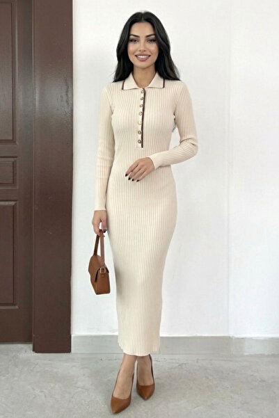AYDINER TEKSTİL Women's Knitwear Ribbed Long Sleeve Button Detailed Maxi Leng...