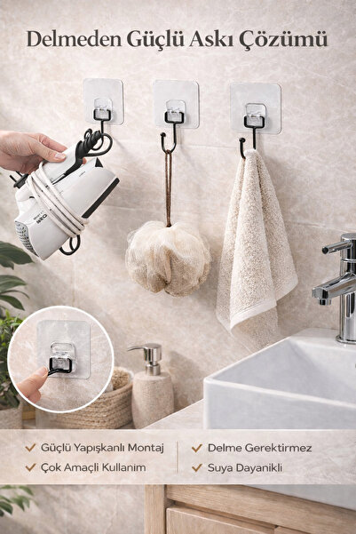 BellaBagno Siyah Banyo ve Mutfak İçin Güçlü Yapışkan Askılar, Kancalar, Duvar...