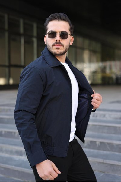 Vesli Men's Navy Blue Bomber Jacket Slim Fit Zippered Casual Stylish Coat