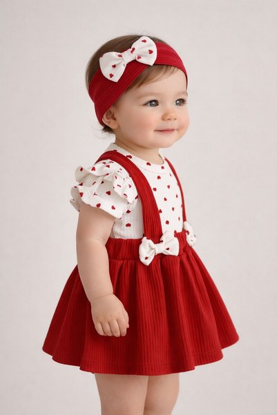 dinamik çocuk Baby Girl Heart Report Bandana 3-Piece Set Short Sleeve Bottom Snap Bodysuit + Bow Detail Ribbed S