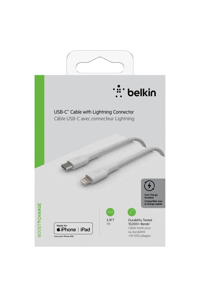 Belkin Cablu Date Lightning/USB-C Cable 1m braided, mfi cert., white