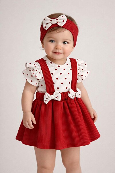 dinamik çocuk Kız Bebek Kalp Raporlu Bandanalı 3lü Takım Kısa Kollu Alttan Çı...