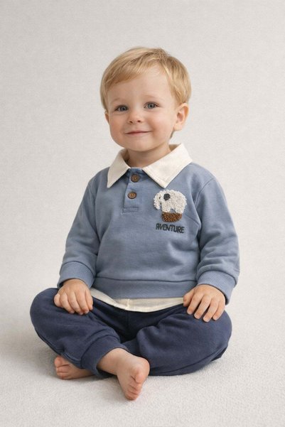 dinamik çocuk Baby Boy Elephant Embroidered Polo Collar Top and Bottom Set 2-Piece Non-Padded Seasonal Tracksuit Set for Holidays