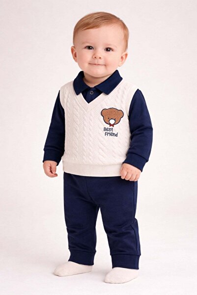 dinamik çocuk Baby boy 2-piece quilted sweater-look bear embroidered top and ...