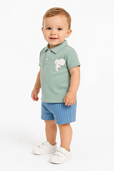 dinamik çocuk Baby Boy Polo Collar Elephant Embroidered 2-Piece Set with Shor...