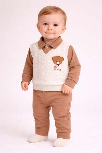 dinamik çocuk Baby boy 2-piece quilted sweater-look bear embroidered top and ...