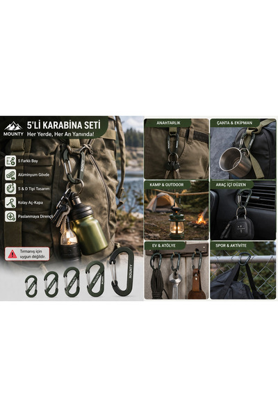 MOUNTY 🔗 5’li Karabina Seti – Alüminyum Gövde – S ve D Tipi Çok Amaçlı Klips...