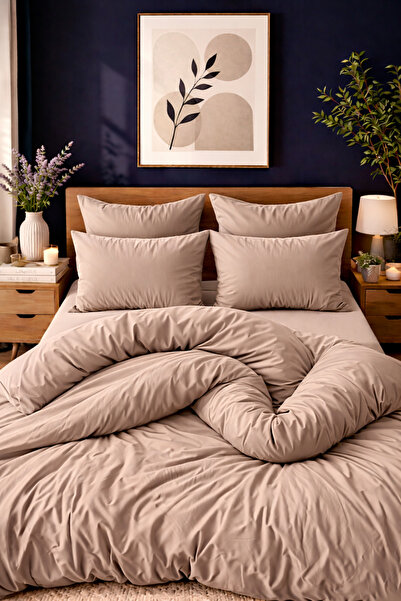 MORE HOME Double Duvet Cover Set with Elastic Sheet in Dark Beige