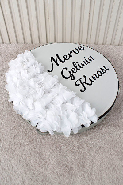 Mortex Beyaz Hilal Desenli Gelin Tefi 28 cm 3D Çiçek Süslemeli Kına Düğün Ned...