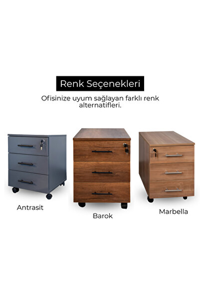 Sempre KESON Tekerlekli Ahşap Keson Merkez Kilitli Üç Çekmeceli - BAROK RENK