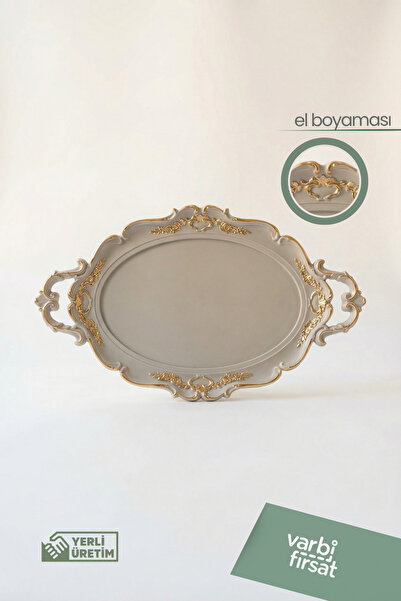 Varbifırsat Oval Gray Gold Detailed Large Serving Tray 48X28 cm |   Stylish Presentation Tray