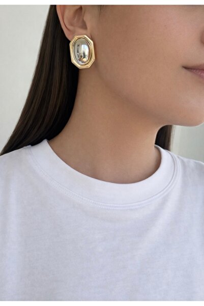 Lisse.co Gold Frame Silver Stone Model Steel Earrings
