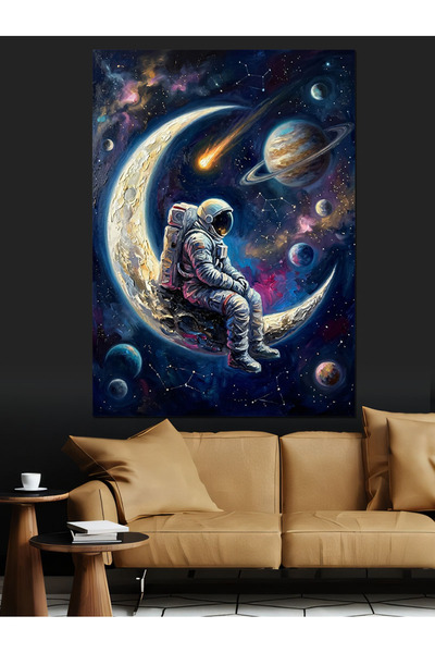 Artmeg Astronaut așezat pe lună - Pânză decorativă artistică - Tablou din lem...