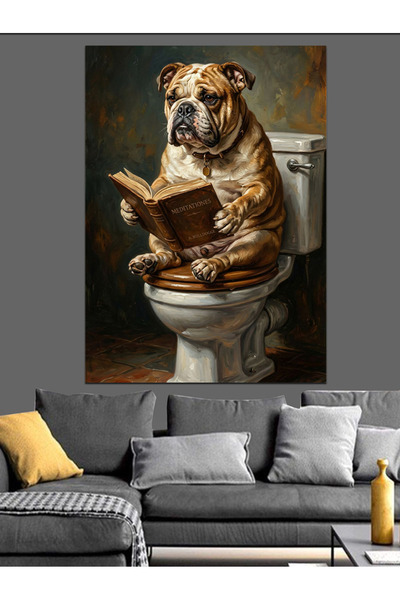 Artmeg Bulldog amuzant care citește o carte la toaletă - Pânză decorativă - M...