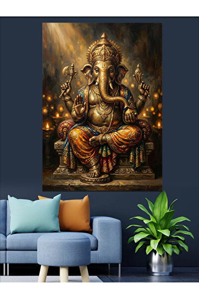 Artmeg Statuie a zeului indian Ganesha auriu, pânză decorativă - Tablou din l...