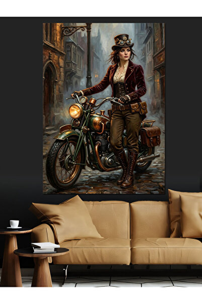 Artmeg Δυναμική γυναίκα σε στυλ Steampunk με μοτοσικλέτα - Διακοσμητικός καμβ...