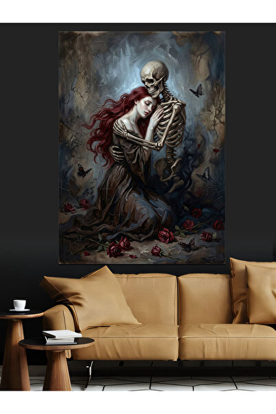 Artmeg Decorative Canvas with a Woman Figure Hugging a Skull - Mdf Wood Painting