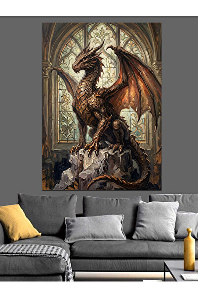 Artmeg Dragon uriaș stând pe o stâncă - Pânză decorativă - Masă din lemn MDF
